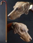 画像1: 極細密彫刻 木彫り猟犬ハンドル ガラス義眼 英国アンティーク 大曲り型 ステッキ マラッカ籐 シャフト 全長91cm 極上品 (1)