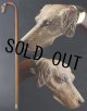 極細密彫刻 木彫り猟犬ハンドル ガラス義眼 英国アンティーク 大曲り型 ステッキ マラッカ籐 シャフト 全長91cm 極上品