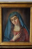画像1: 19世紀 青いヴェールの聖母 マリア キャンバスに肉筆油彩画 金彩木製額 アンティーク 宗教絵画 イタリア フィレンツェ (1)