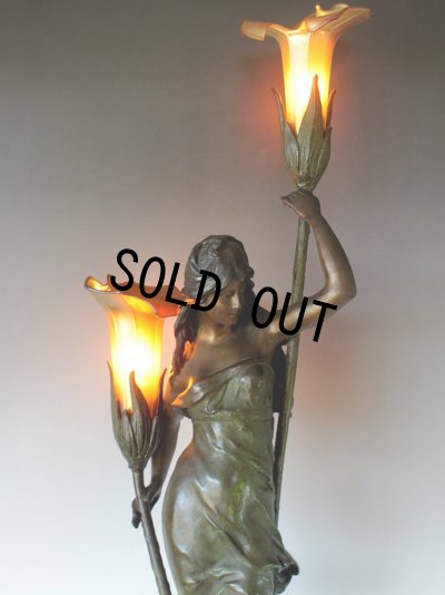 画像10: オーギュスト・モロー作 ブロンズ彫刻女神像 アールヌーヴォー 2灯ランプ ファブリルシェード 全高75cm