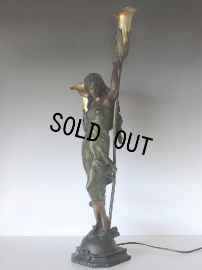 画像8: オーギュスト・モロー作 ブロンズ彫刻女神像 アールヌーヴォー 2灯ランプ ファブリルシェード 全高75cm