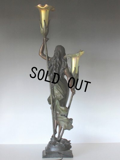 画像5: オーギュスト・モロー作 ブロンズ彫刻女神像 アールヌーヴォー 2灯ランプ ファブリルシェード 全高75cm