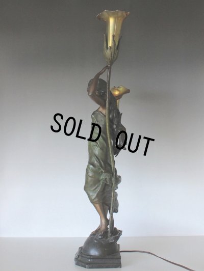 画像7: オーギュスト・モロー作 ブロンズ彫刻女神像 アールヌーヴォー 2灯ランプ ファブリルシェード 全高75cm