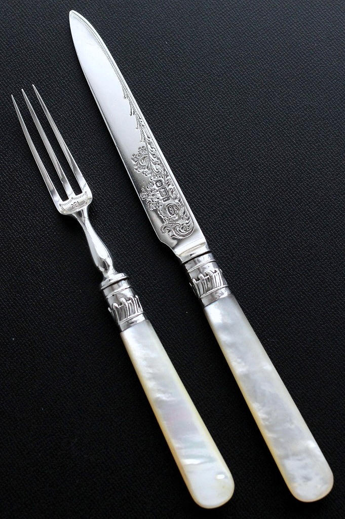 1901年製 英国アンティーク 白蝶貝 純銀製 デザート ナイフ＆フォークセット マザーオブパール 18.5cm＆15.4cm - ノッティン