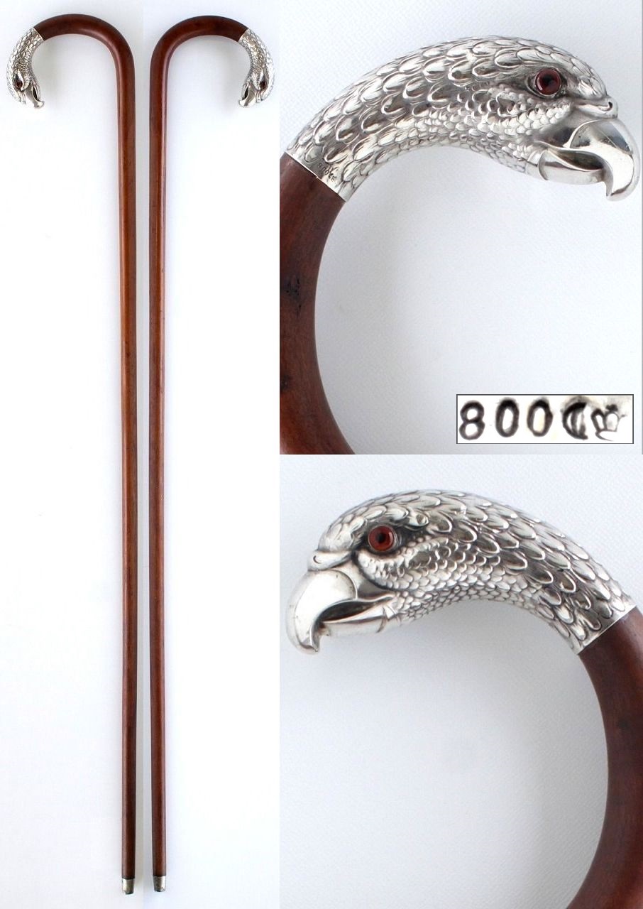 純銀製 極細密装飾 鷲の頭ハンドル ガラス義眼 大曲型 アンティーク ステッキ 1900年代初期 ドイツ製 全長89cm