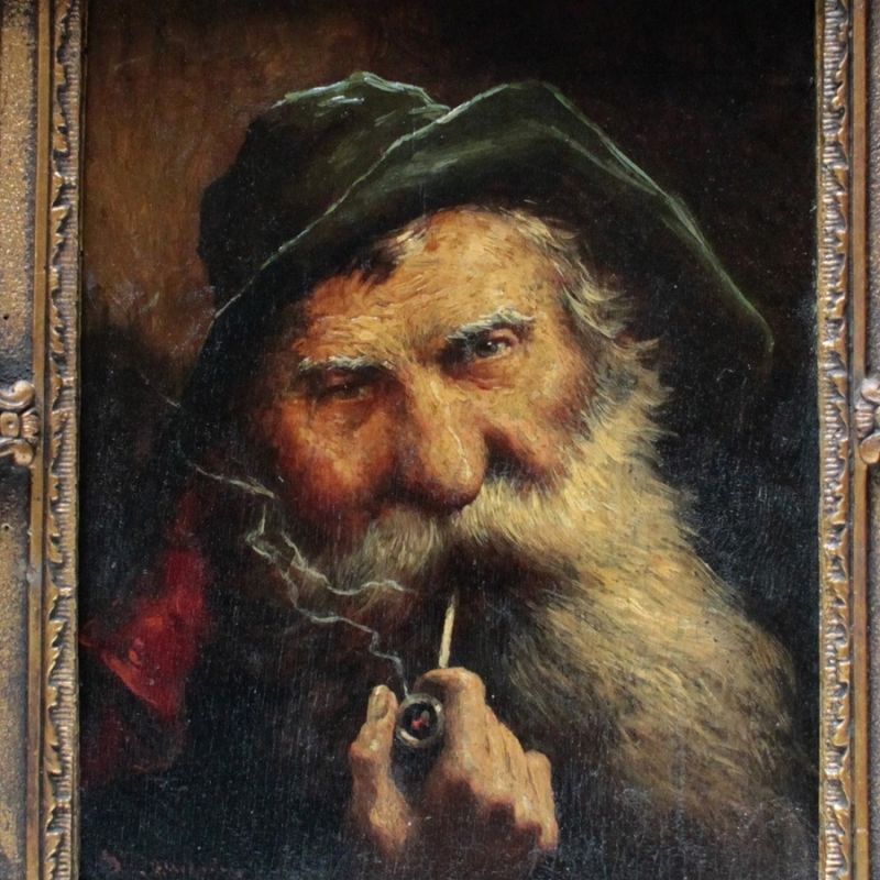 アンティーク フランス 油彩画 「パイプを持つバスクの男」 ロマーナ・アレーギ (1875-1932) 作 サイン有 木製金彩額装