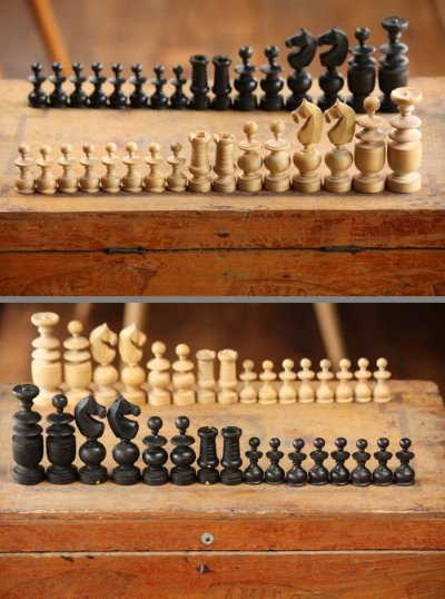 画像3: 1900年代中期　フランス製　ビンテージ　チェス　フルセット　木製駒32個　木箱付き　キング駒7.5ｃｍ　チェス盤 36.0×36.0ｃｍ