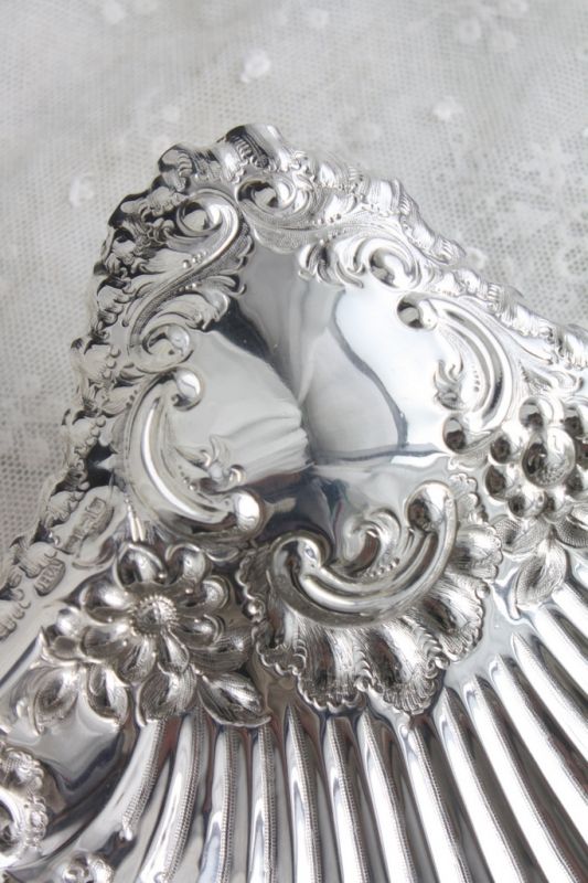 大型極美品 見事な透かし＆飾り象嵌 純銀製 シェル・ディッシュトレイ 