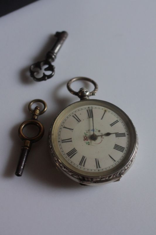 1900年代初期 フランス製 アンティーク ジュエリーボックス鍵付 厚い面取りガラス蓋 シルククッション付 懐中時計付属（時間は合いません）  ノッティン アンティークス