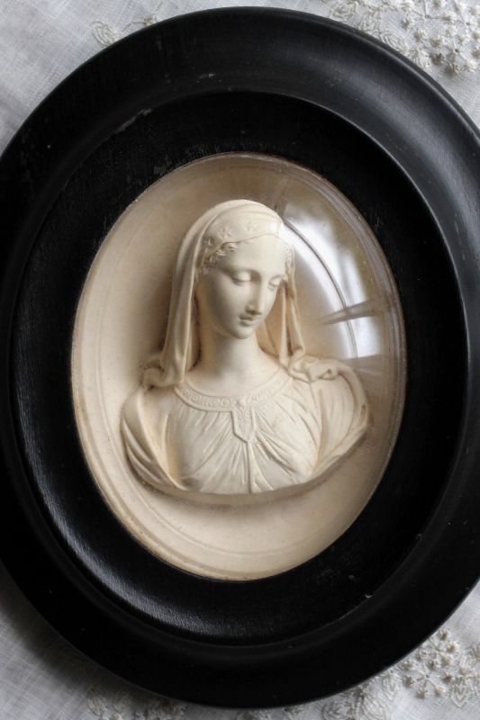 アンティーク 喜びの聖母マリア サルヴァトーレ・マルキ作 黒木楕円額 