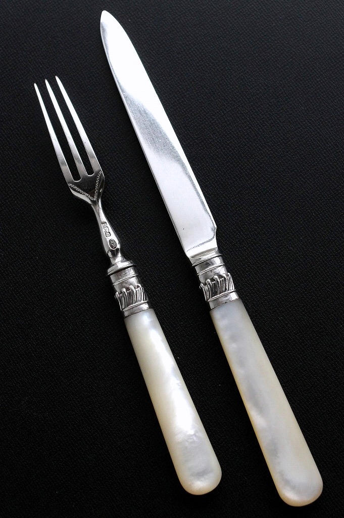 1901年製 英国アンティーク 白蝶貝 純銀製 デザート ナイフ＆フォーク 