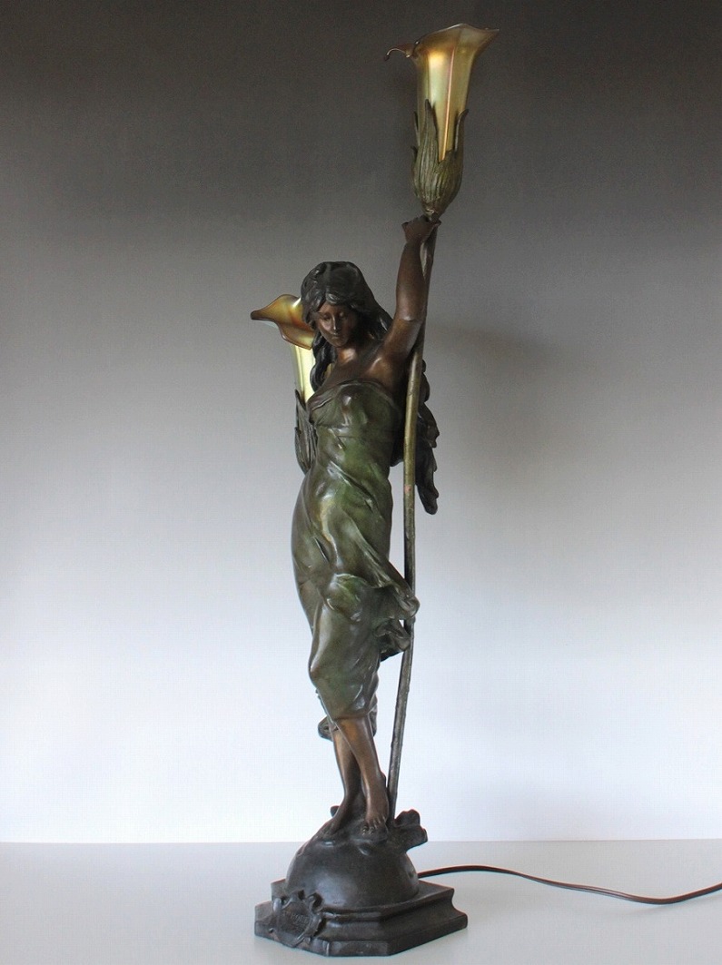 オーギュスト・モロー作 ブロンズ彫刻女神像 ファブリルシェード ランプ