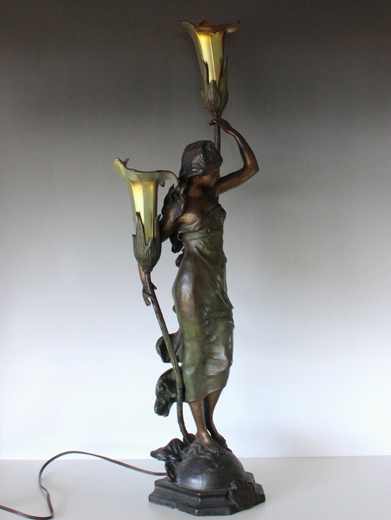 オーギュスト・モロー作 ブロンズ彫刻女神像 ファブリルシェード ランプ