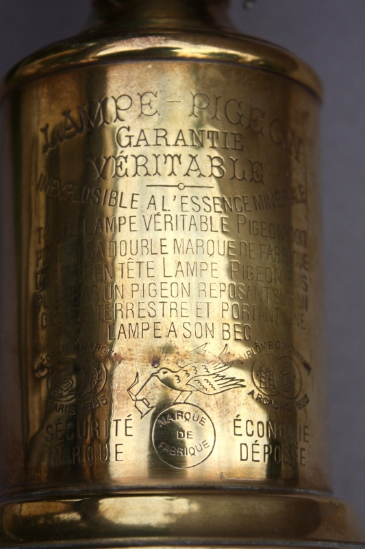 1885年 フランス製 PARIS ピジョン アンティーク・オイルランプ 真鍮タンク 点灯テスト済 希少な実用品 高25ｃｍ - ノッティン  アンティークス